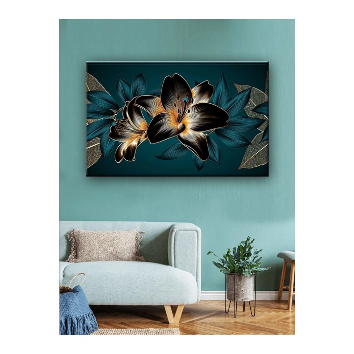 Led Işıklı 3d Gold Mavi Çiçek Kanvas Tablo