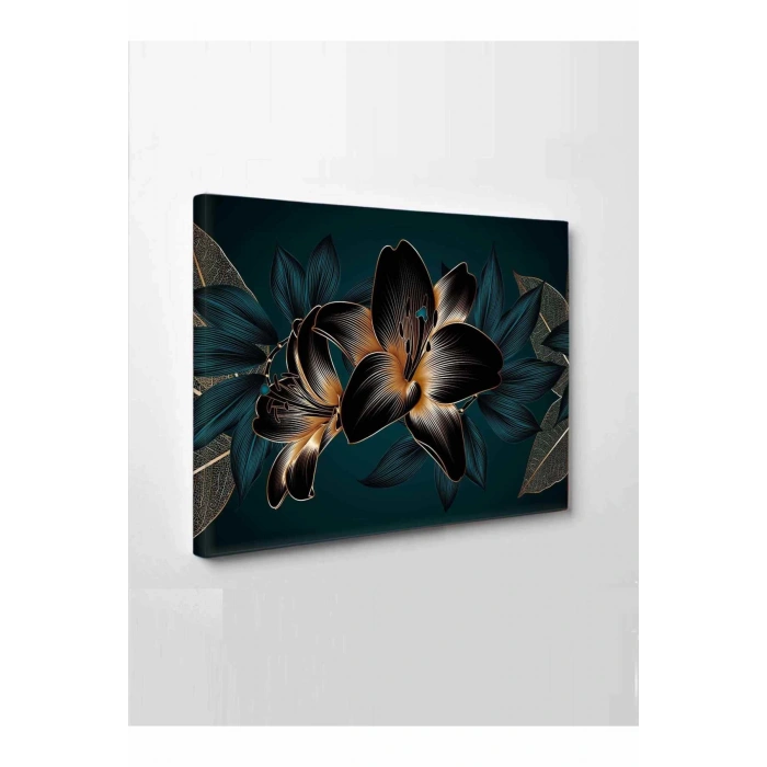Led Işıklı 3d Gold Mavi Çiçek Kanvas Tablo