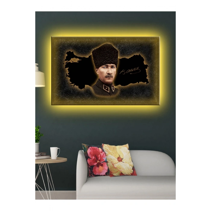 Led Işıklı Atatürk ve Türkiye Haritası Kanvas Tablo