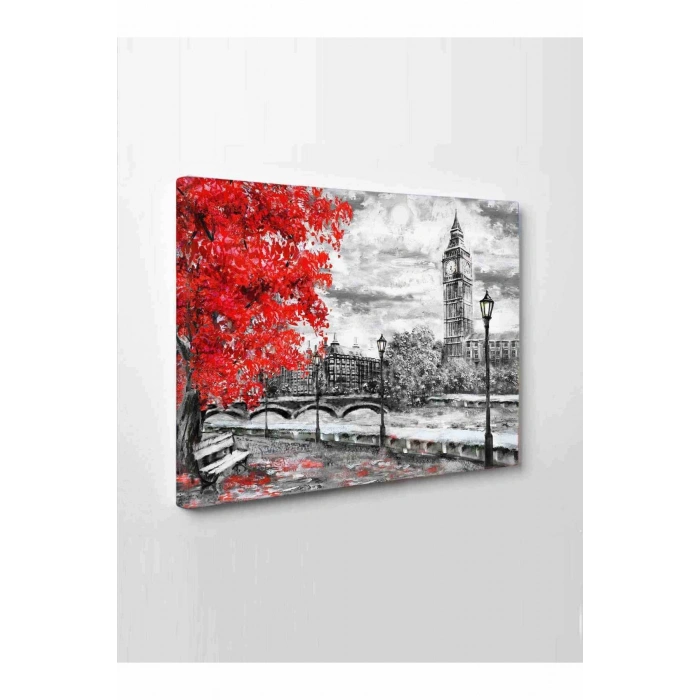 Led Işıklı Nostaljik Kırmızı Ağaç Kanvas Tablo