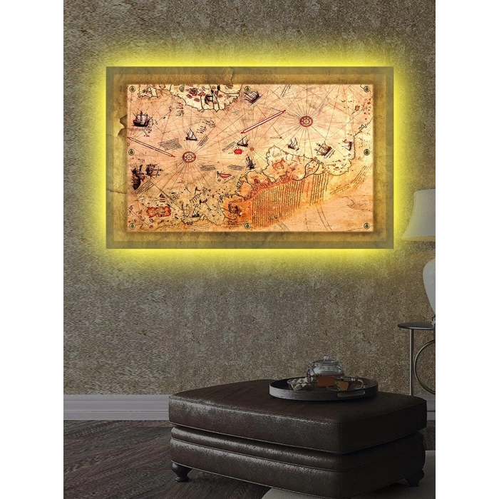 Led Işıklı Piri Reis Haritası (Kanvas Tablo)