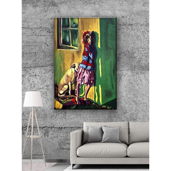 Led Işıklı Sanatsal Kız Ve Köpek Tablo