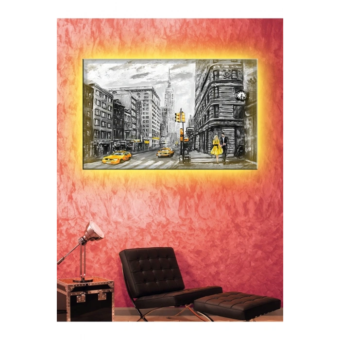 Led Işıklı Sanatsal Sarı Siyah Tablo