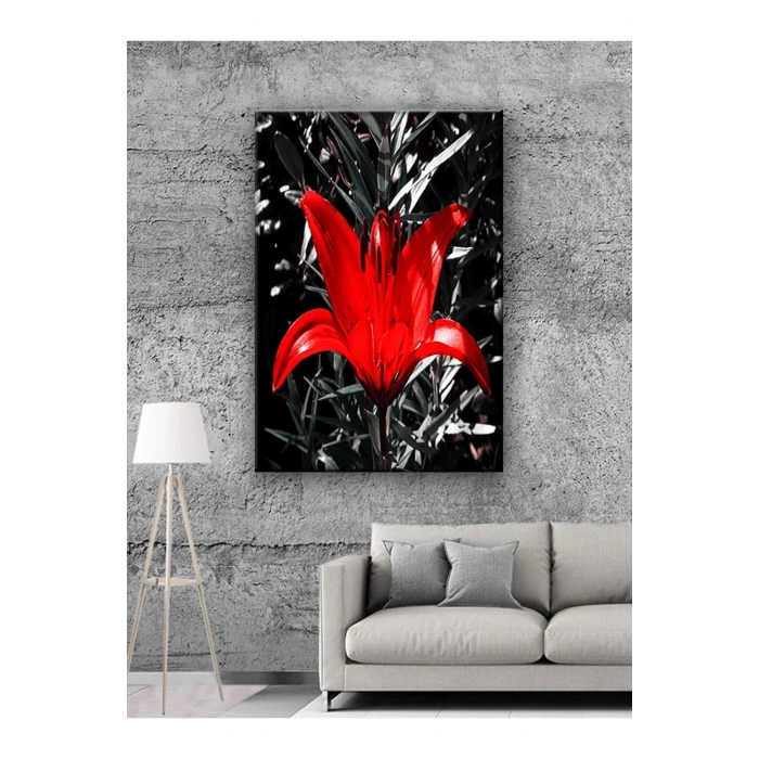Led Işıklı Siyah Kırmızı Çiçek Kanvas Tablo