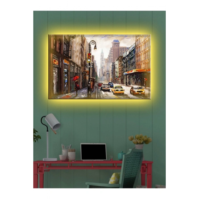 Led Işıklı Sokak Yağlı Boya (Yatak odası tablosu)