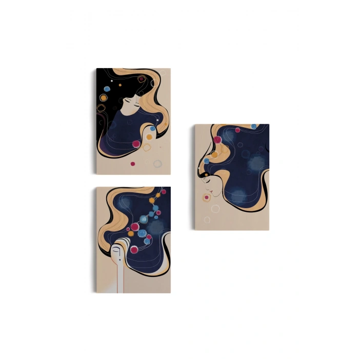 Mavi Ağırlıklı  Zarif Kadınlar Duvar Tablosu Üçlü Set-DK-88