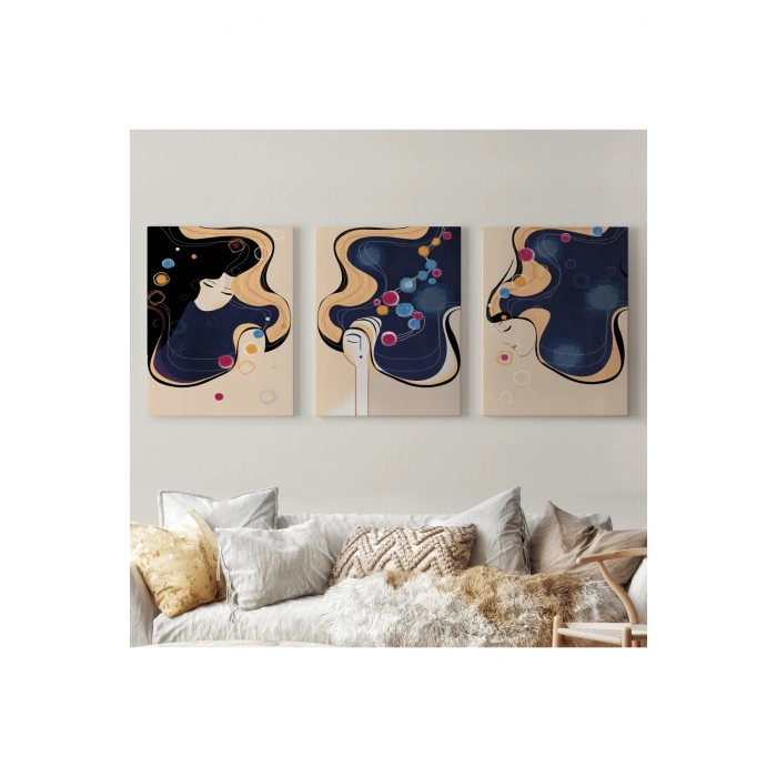 Mavi Ağırlıklı  Zarif Kadınlar Duvar Tablosu Üçlü Set-DK-88