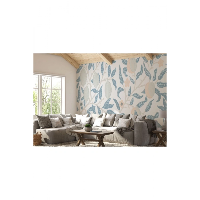 Mavi Pastel Yapraklar Duvar Kağıdı-5642
