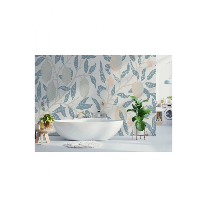 Mavi Pastel Yapraklar Duvar Kağıdı-5642