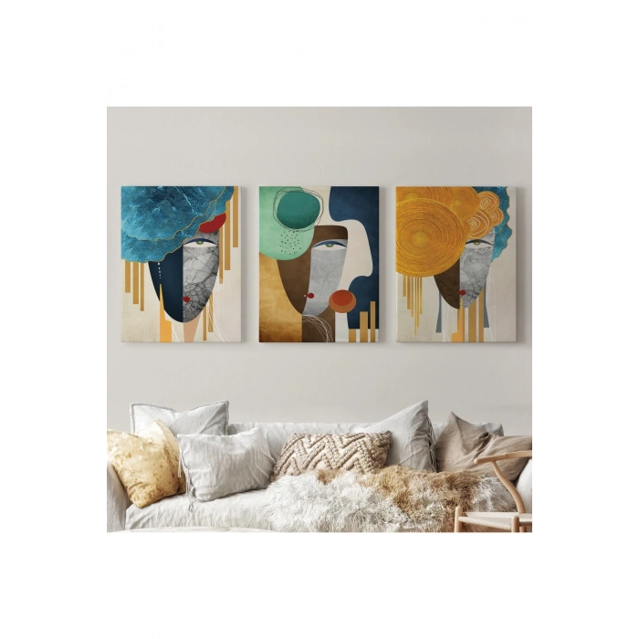 Modern Soyut Yüz Portleri 3 lü Kanvas Duvar Tablo Seti-AN-13