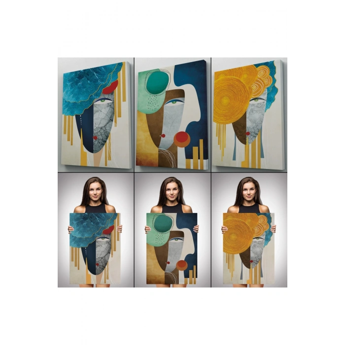 Modern Soyut Yüz Portleri 3 lü Kanvas Duvar Tablo Seti-AN-13
