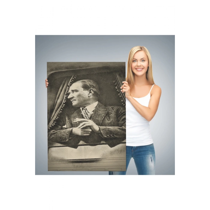 Mustafa Kemal Atatürkün Karakalem Görünümlü Portre Çizimi Dikdörtgen Dekoratif Kanvas Tablo-DE-82