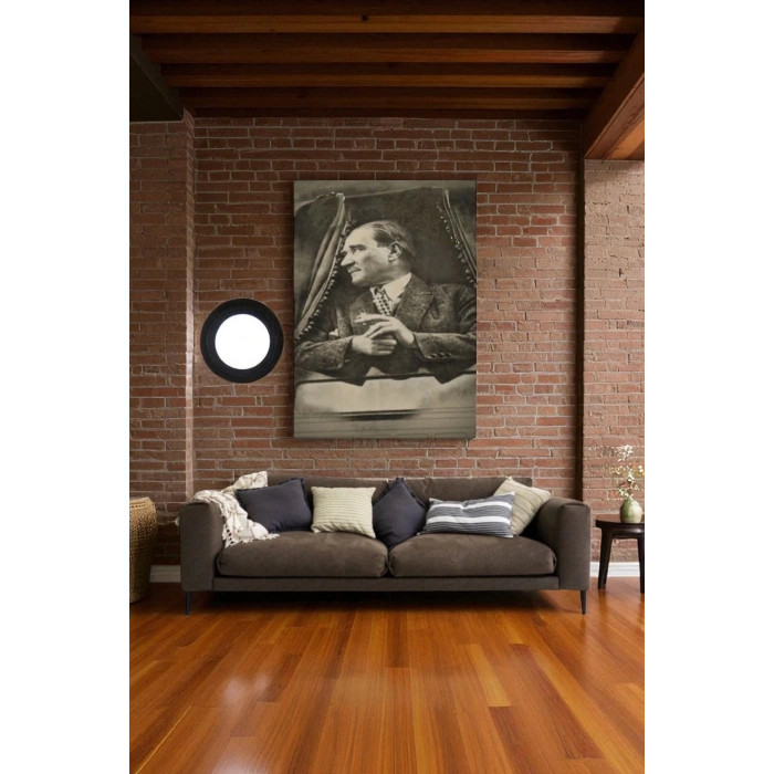 Mustafa Kemal Atatürkün Karakalem Görünümlü Portre Çizimi Dikdörtgen Dekoratif Kanvas Tablo-DE-82