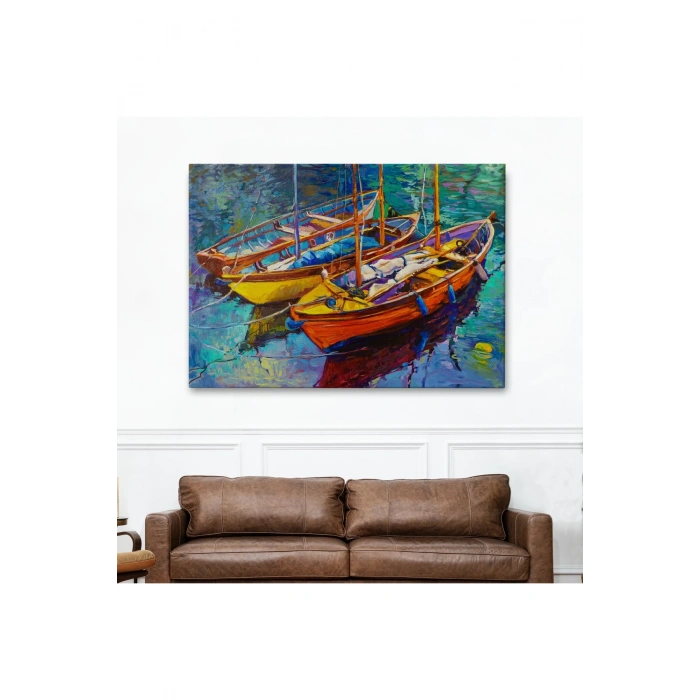 Okyanus Üzerinde Gün Batımı Tekne ve Deniz Kanvas Duvar Tablosu-1194