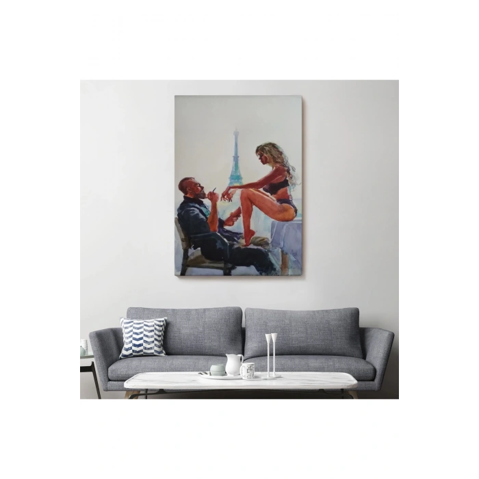 Paris Eyfel Manzaralı Sevgililer Suluboya Görünümlü Duvar Tablosu-6298