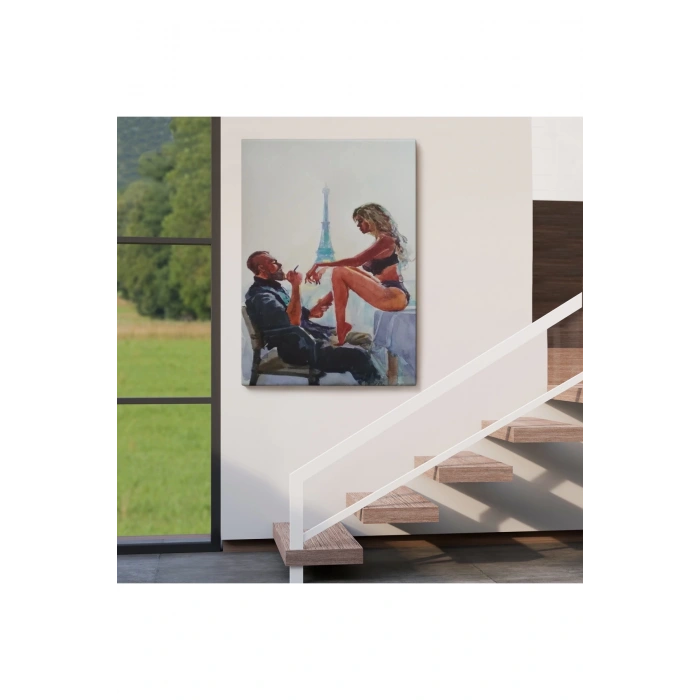 Paris Eyfel Manzaralı Sevgililer Suluboya Görünümlü Duvar Tablosu-6298