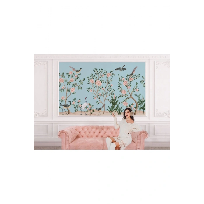 Pembe Çiçekli Ağaç ve Kuşlar Duvar Kağıdı-5620