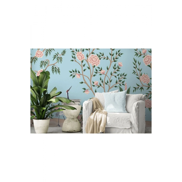 Pembe Çiçekli Ağaç ve Kuşlar Duvar Kağıdı-5620