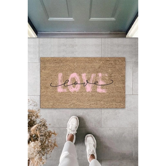 Pembe Kapı Önü Paspası Love Desen  K-3297