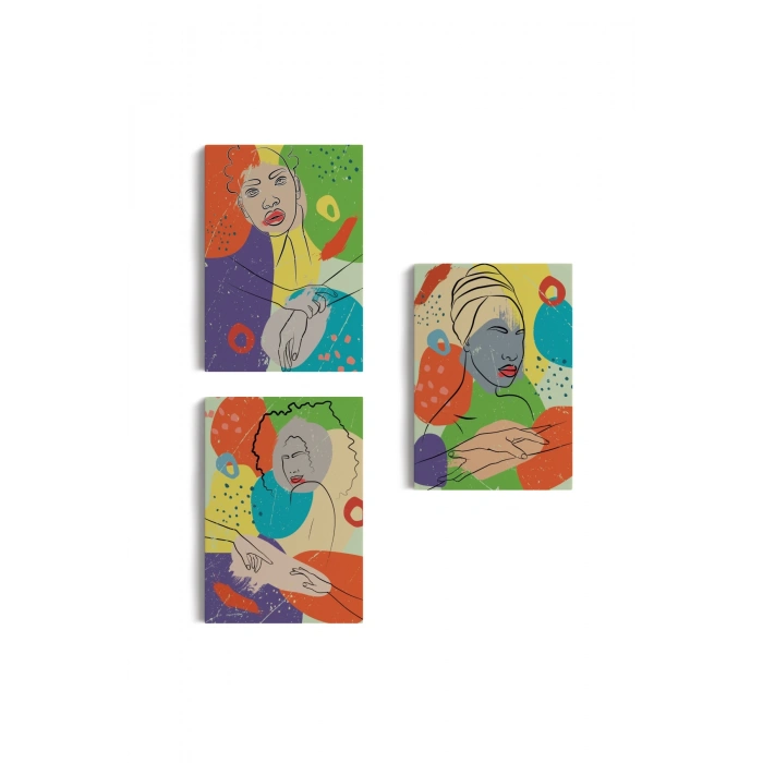 Pop Art Afrika Kadın Renkli Portre 3 lü Duvar Tablo Seti -AG-7