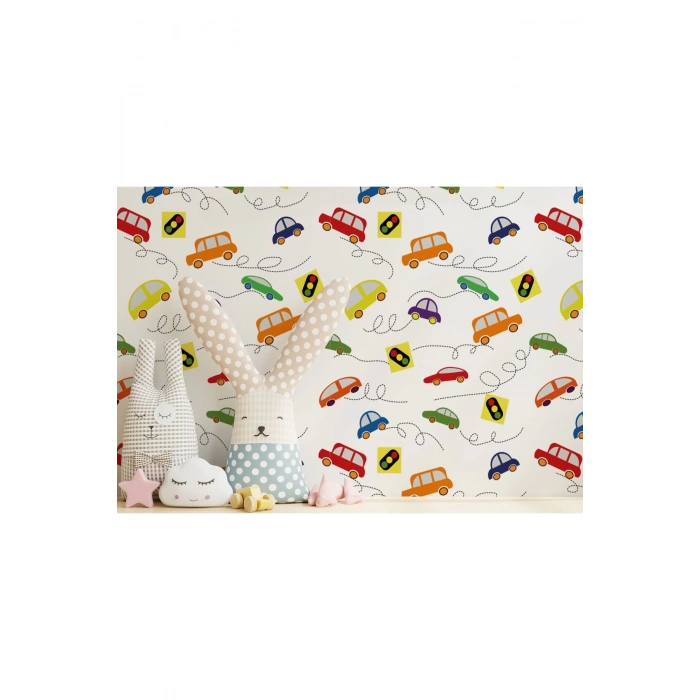 Renkli Arabalar Desenli Erkek Çocuk Odası Duvar Kağıdı-5751