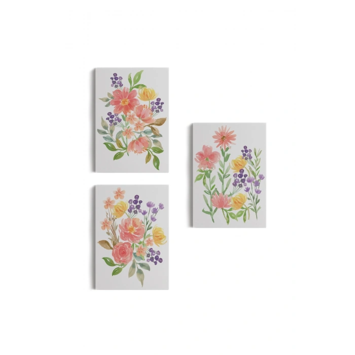 Renkli Çiçekler Suluboya Görünümlü Dekoratif Duvar Tablosu Üçlü Set-EI-108