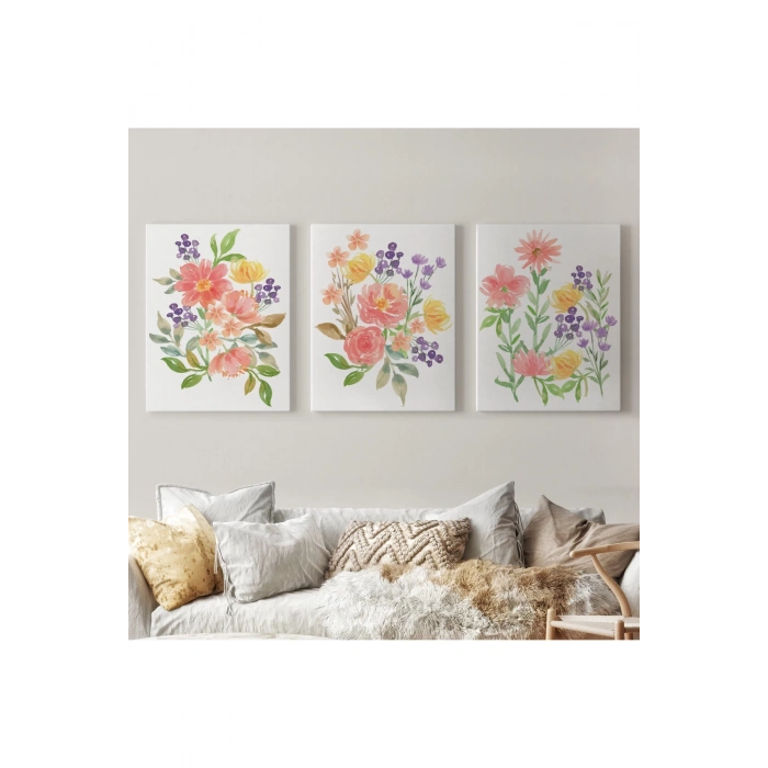 Renkli Çiçekler Suluboya Görünümlü Dekoratif Duvar Tablosu Üçlü Set-EI-108