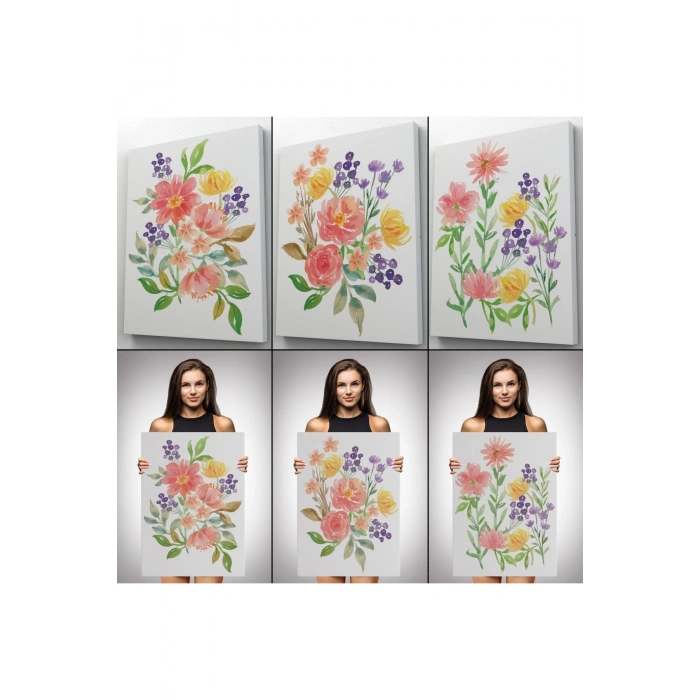 Renkli Çiçekler Suluboya Görünümlü Dekoratif Duvar Tablosu Üçlü Set-EI-108