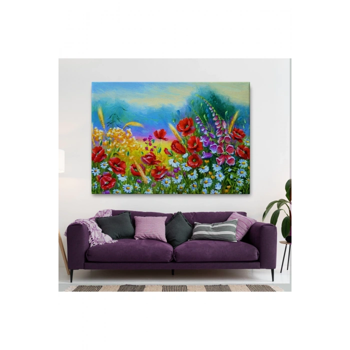 Renkli Çiçekler Yağlıboya Görünüm Dekoratif Kanvas Duvar Tablosu-3749