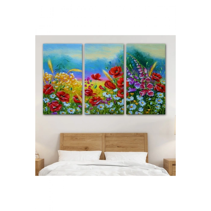 Renkli Çiçekler Yağlıboya Görünüm Dekoratif Kanvas Duvar Tablosu-3749