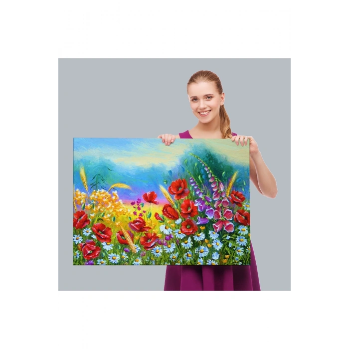 Renkli Çiçekler Yağlıboya Görünüm Dekoratif Kanvas Duvar Tablosu-3749