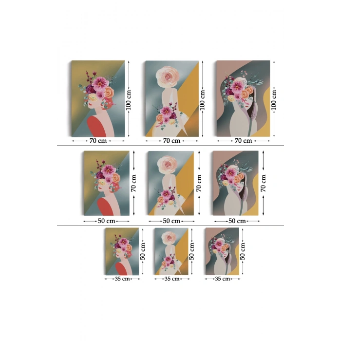 Renkli Çiçekli Kadınlar Dekoratif Duvar Tablosu Üçlü Set-DJ-87