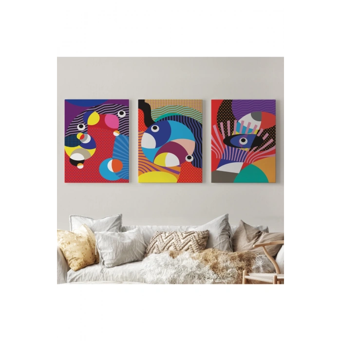 Renkli Geometrik Desenli Pop Art 3 lü Kanvas Duvar Tablo Seti-AO-14