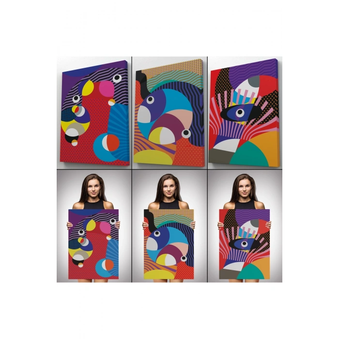 Renkli Geometrik Desenli Pop Art 3 lü Kanvas Duvar Tablo Seti-AO-14