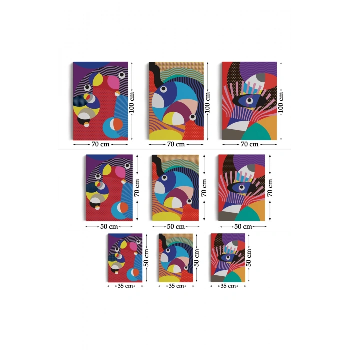Renkli Geometrik Desenli Pop Art 3 lü Kanvas Duvar Tablo Seti-AO-14