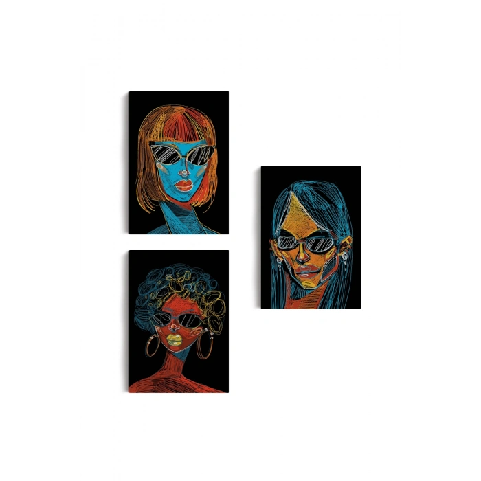 Renkli Pop Art Kadınlar Dekoratif Duvar Tablosu Üçlü Set-EU-120