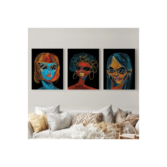 Renkli Pop Art Kadınlar Dekoratif Duvar Tablosu Üçlü Set-EU-120