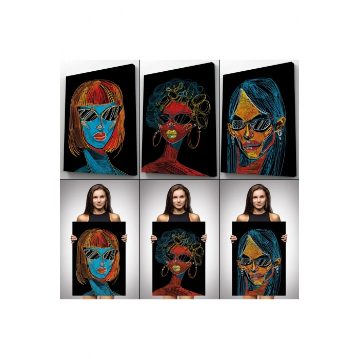 Renkli Pop Art Kadınlar Dekoratif Duvar Tablosu Üçlü Set-EU-120