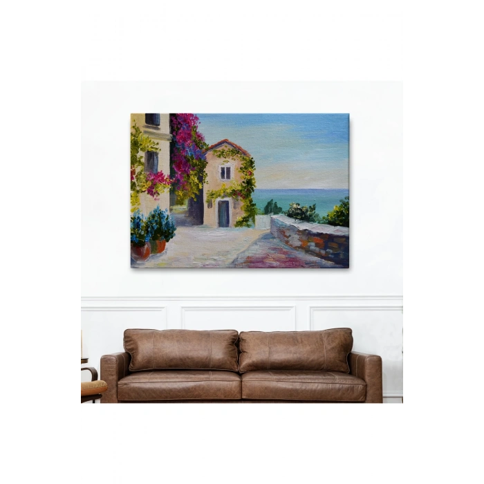 Santorinide Deniz Manzaralı Ev Kanvas Duvar Tablosu-1186