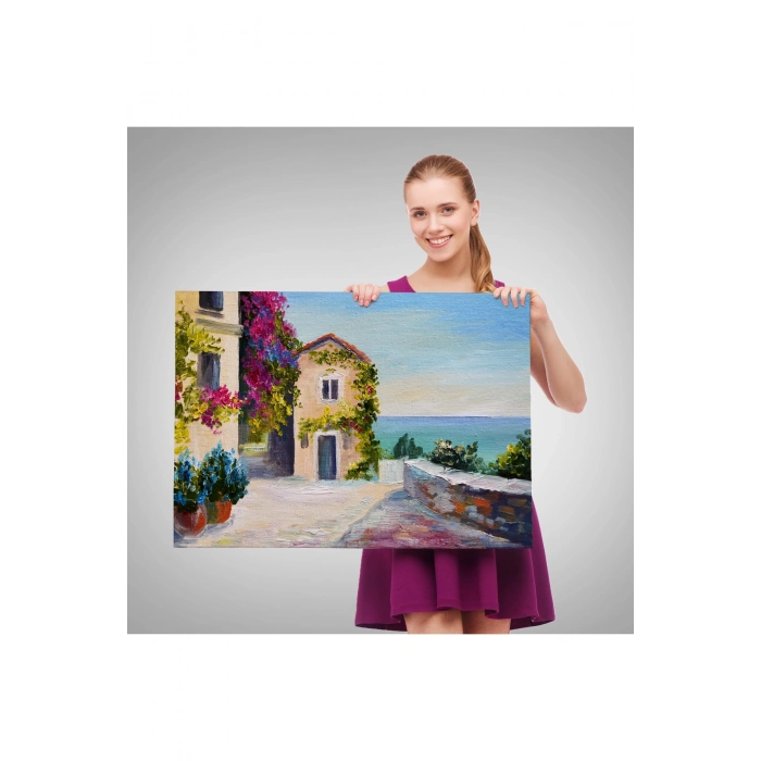 Santorinide Deniz Manzaralı Ev Kanvas Duvar Tablosu-1186