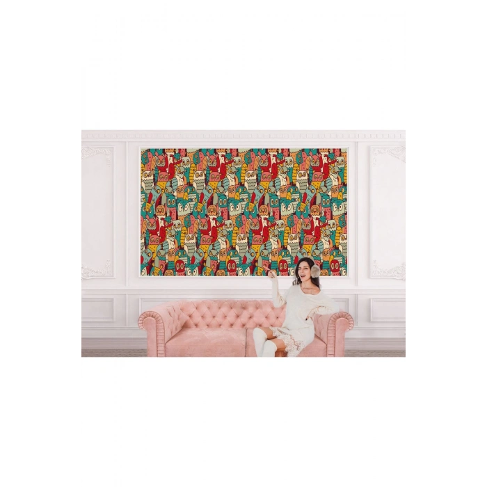 Sevimli Renkli Baykuşlar Desenli Duvar Kağıdı-5710