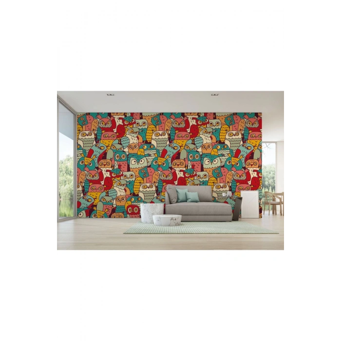 Sevimli Renkli Baykuşlar Desenli Duvar Kağıdı-5710