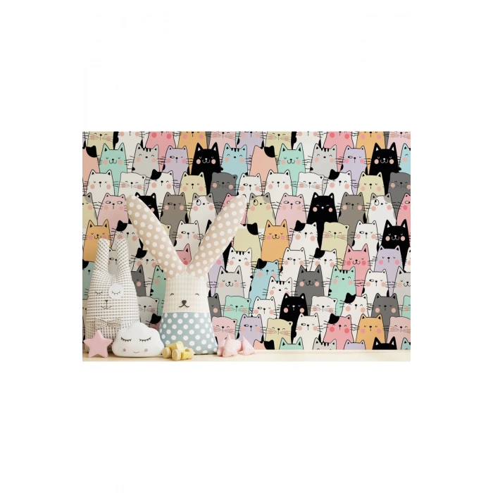 Sevimli Renkli Kediler Desenli Duvar Kağıdı-5755