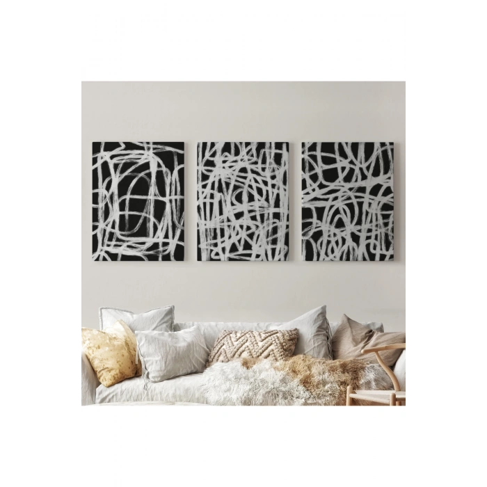 Siyah Zemin Üzerine Beyaz Şekiller Dekoratif Duvar Tablosu Üçlü Set-EÜ-121