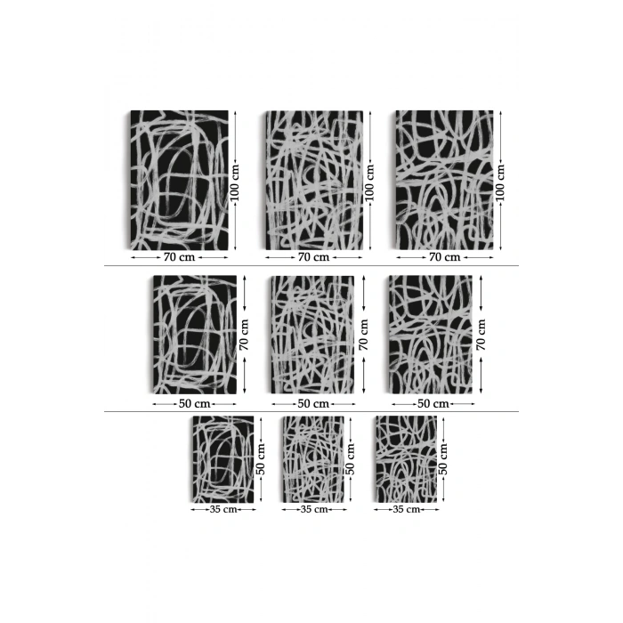 Siyah Zemin Üzerine Beyaz Şekiller Dekoratif Duvar Tablosu Üçlü Set-EÜ-121