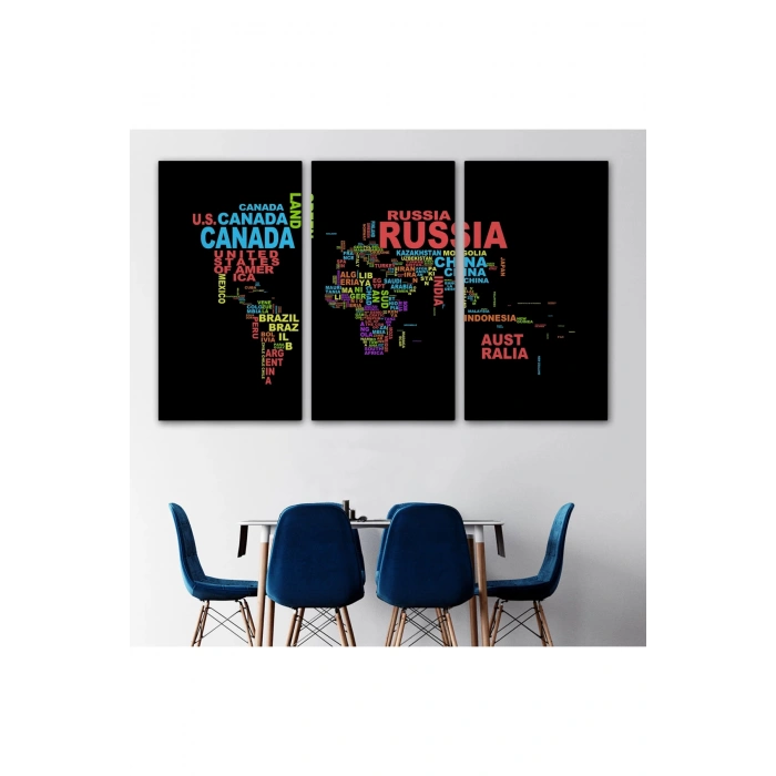 Siyah Zeminli Ülke İsimli Dünya Haritası Kanvas Tablo 1015