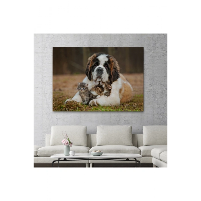 St. Bernard  Köpek ve Yavru Kediler Dekoratif Kanvas Tablo 1124