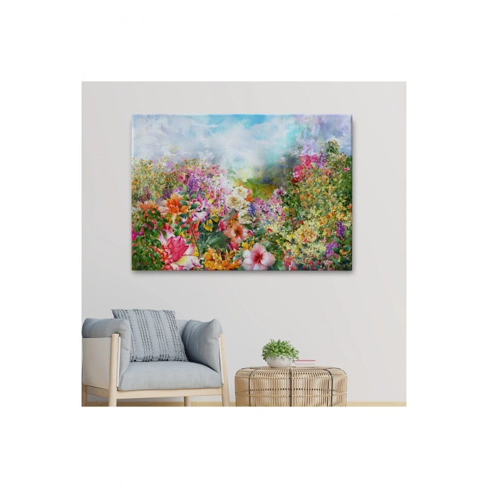 Suluboya Görünümlü Çok Renkli Çiçek Manzaralı Kanvas Tablo-1196
