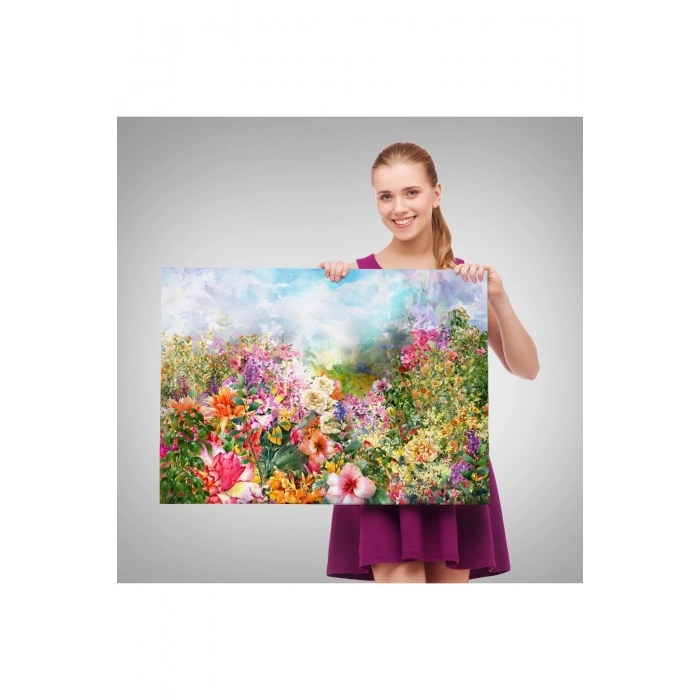 Suluboya Görünümlü Çok Renkli Çiçek Manzaralı Kanvas Tablo-1196