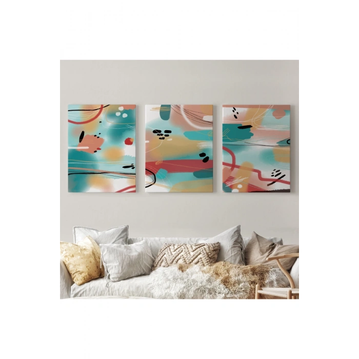 Suluboya Görünümlü Soyut Desenler  Duvar Tablosu Üçlü Set-EE-104